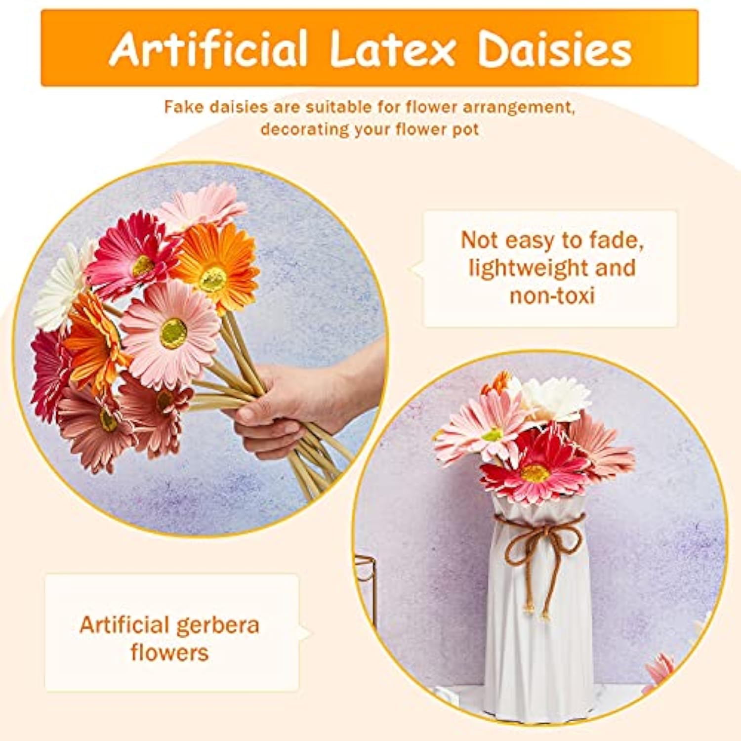 18 Pieces Artificial Gerbera Daisies Flowers Fake Daisy Faux Boho Daisy Flowers Bouquet 15 In For Boho Birthday Decorations Wedding Home Decor (White,Pink,Yellow,Orange,Rose,Coral)