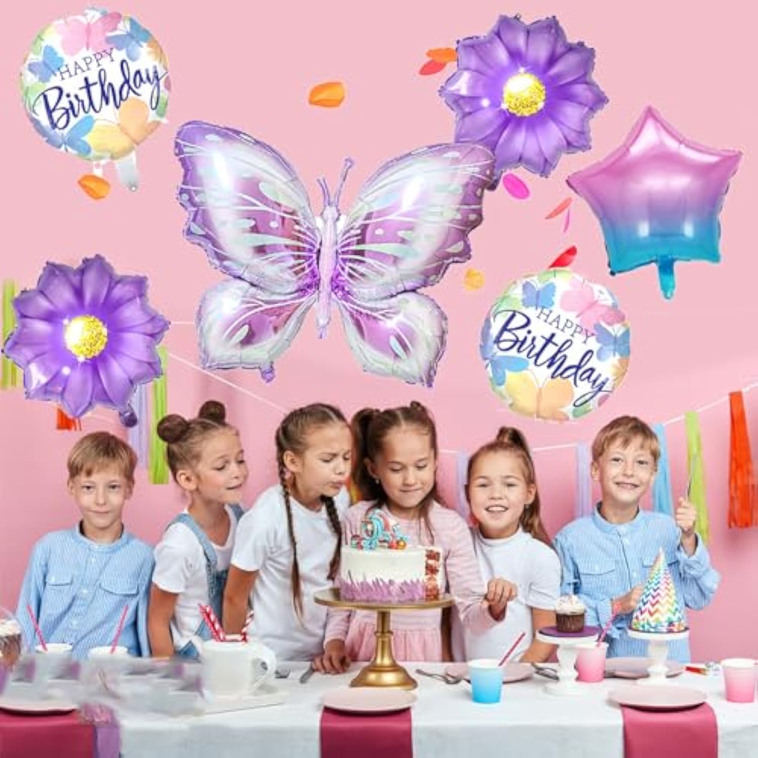 Butterfly Birthday Party Decoration Butterfly Aluminum Foil Balloon Girl Party Birthday Decoration With Straw Ribbon