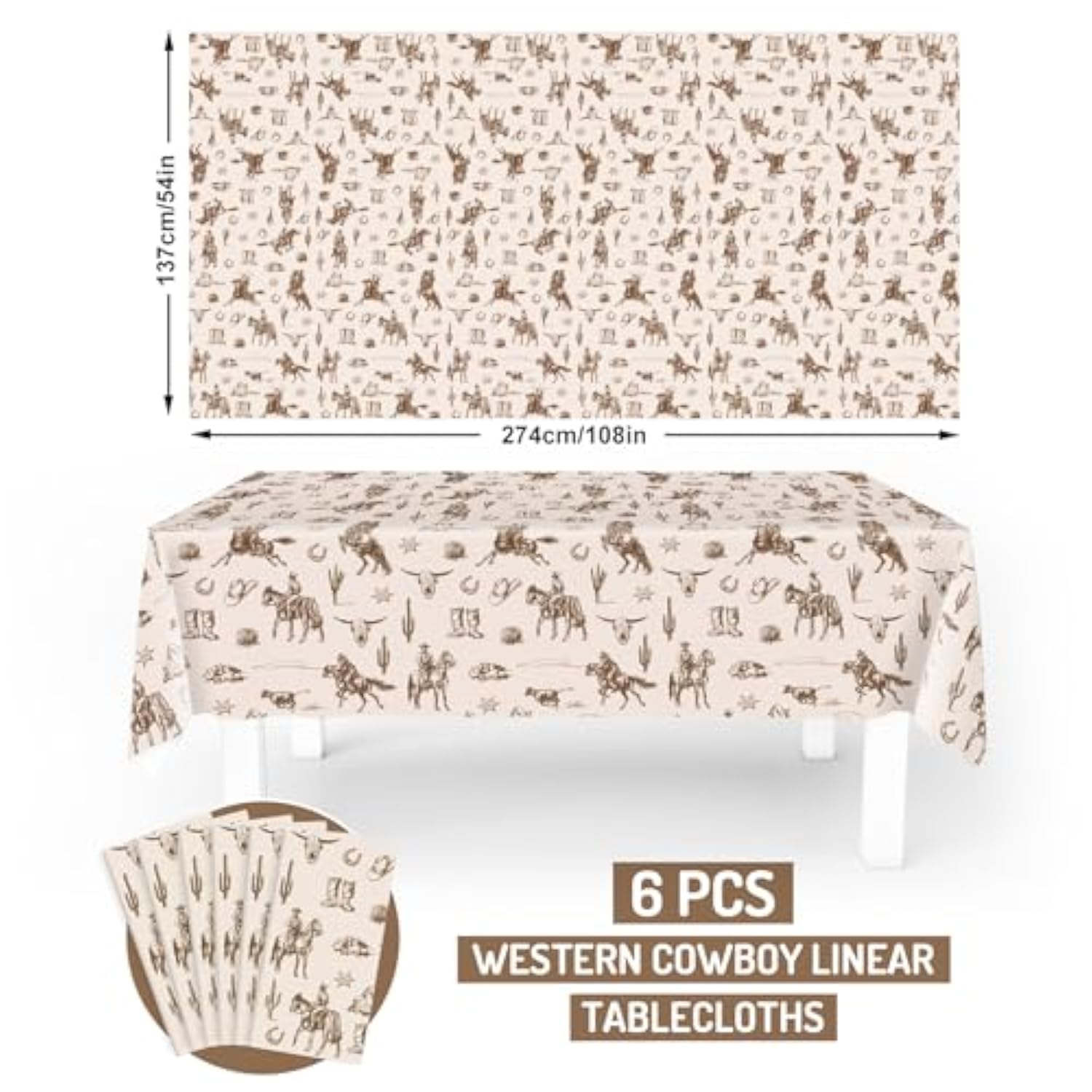 6Pcs Western Cowboy Rectangle Tablecloth Brown Wild West Rodeo Plastic Disposable Table Cover For Farmhouse Baby Shower Birthday Picnic, 54 X 108 Inch