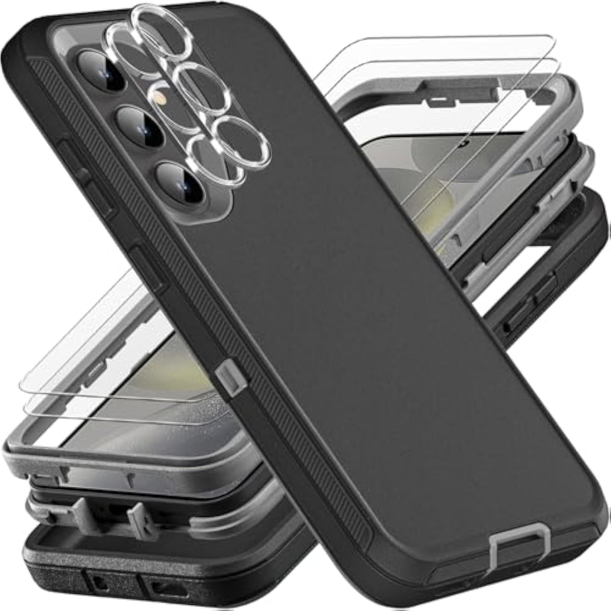 For Samsung Galaxy S24 Case, Only, [Not Fit Galaxy S24 Fe/S24 Plus/S24 Ultra], Military Grade 3 In 1 Case With 2Pcs Tempered Glass Screen Protector & Camera Lens Protector (Black/Grey)