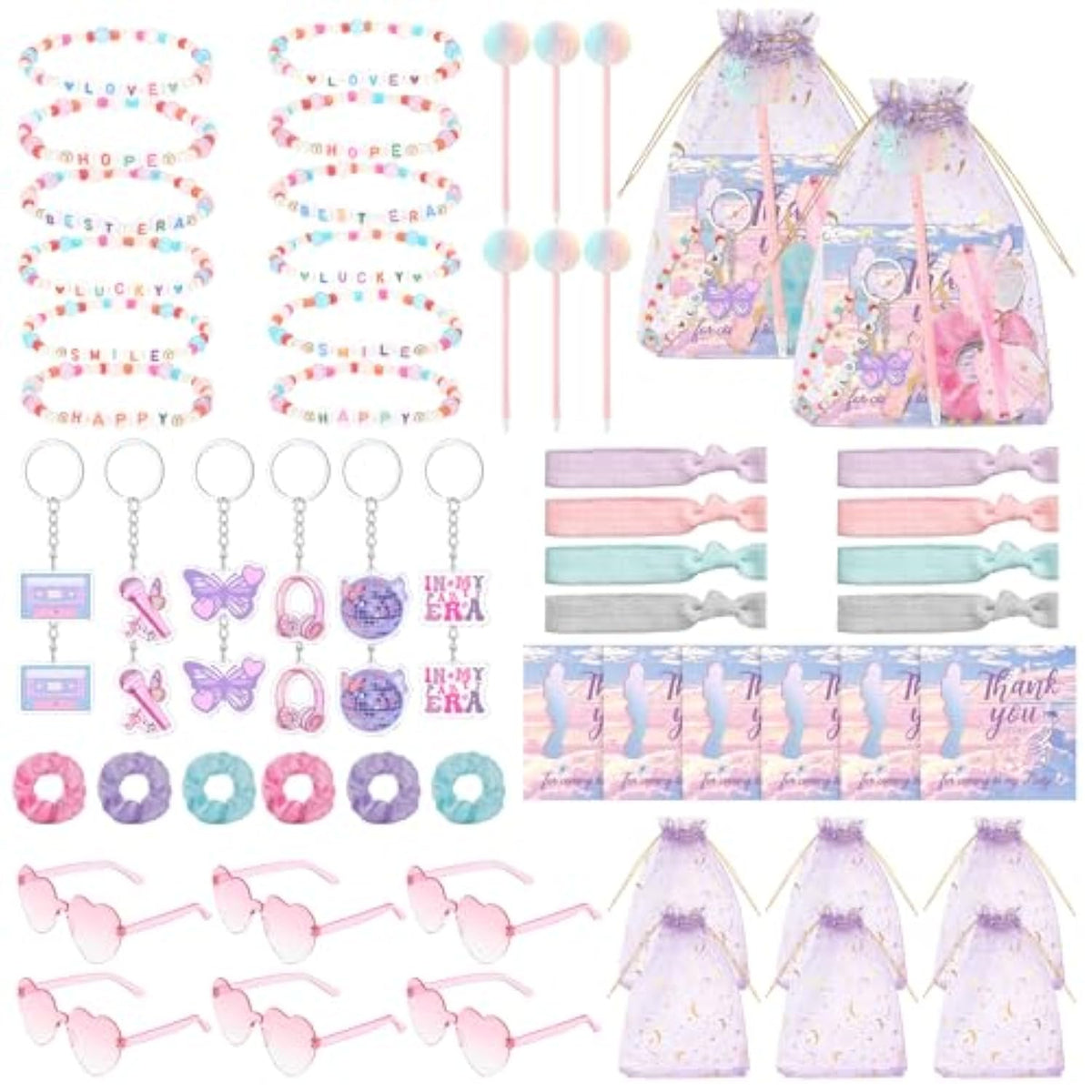 62 Pcs Singer Friendship Party Favors Pink Purple Era Music Birthday Party Supplies Bulk Bracelet Keychain Sunglasses Hair Bands Scrunchie Thank You Gift For Women Fans Bachelorette Goodie Bag