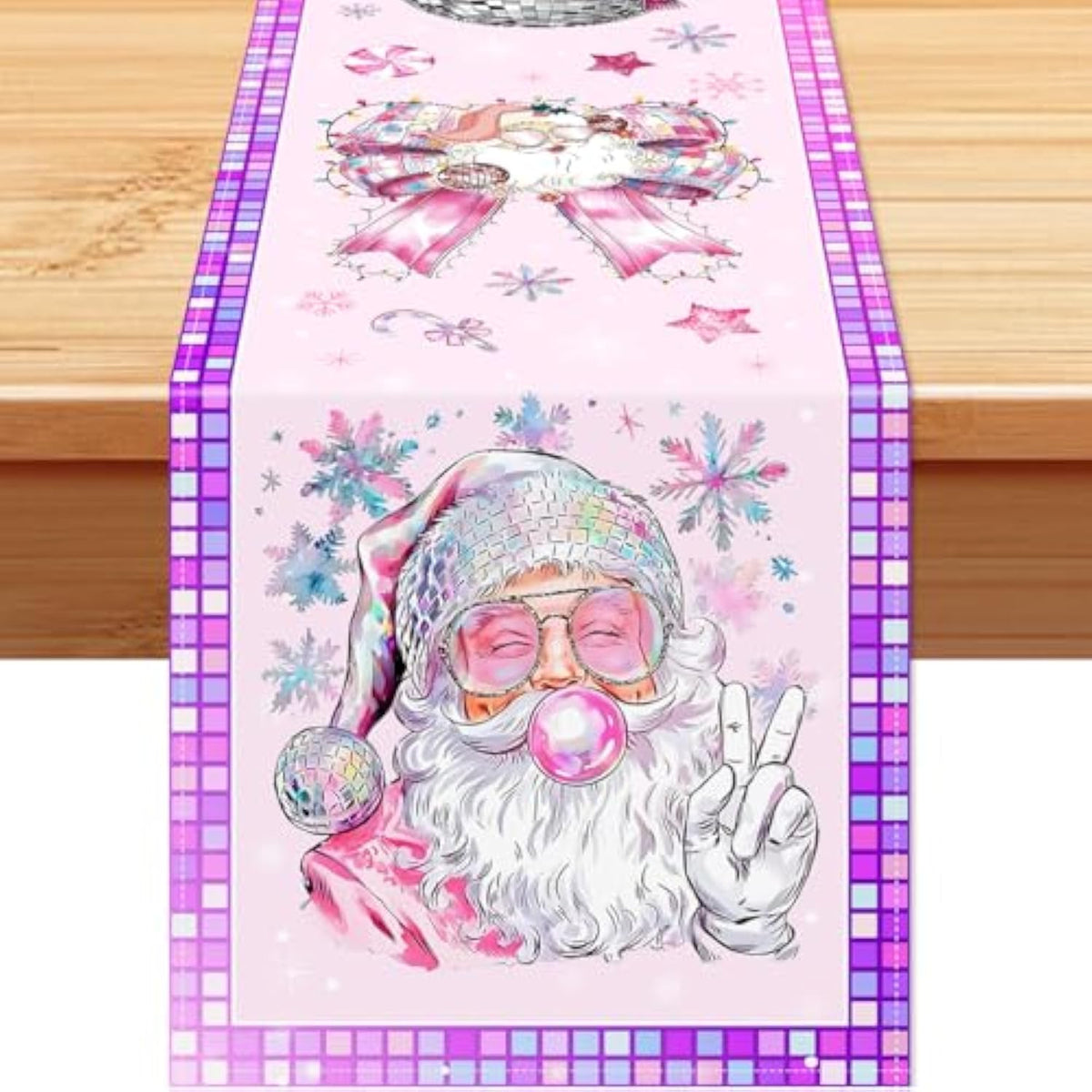 Disco Ball Christmas Table Runner,Santa Claus Bow And Disco Ball Table Runner,Merry Christmas Tabletop Cover,Retro Xmas Party Decorations For Home Indoor Kitchen Dining Winter Party Supply