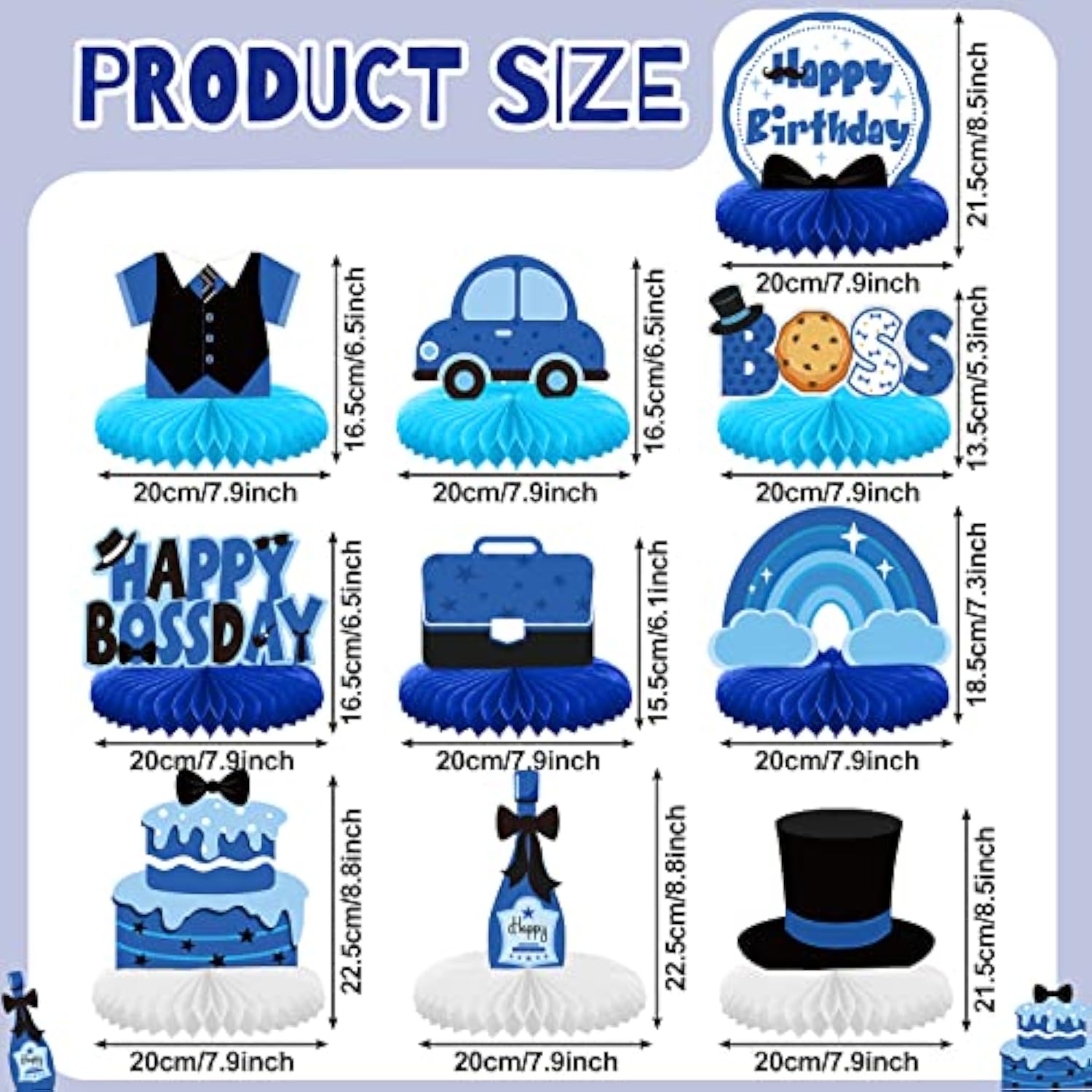 10-Piece Blue Boss Theme Honeycomb Centerpieces for Boys' Birthday Party