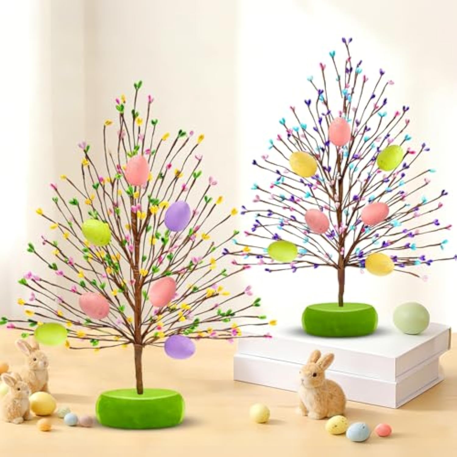 Easter Decorations 2 Pack Easter Tree With 14 Pastel Eggs Ornaments And Floral Berry Blossom, 15'' Tabletop Artificial Tree Easter Decor For Spring Party Table Centerpiece Room Home