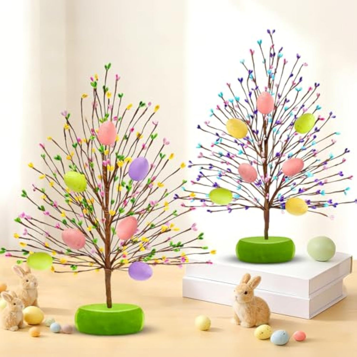 Easter Decorations 2 Pack Easter Tree With 14 Pastel Eggs Ornaments And Floral Berry Blossom, 15'' Tabletop Artificial Tree Easter Decor For Spring Party Table Centerpiece Room Home