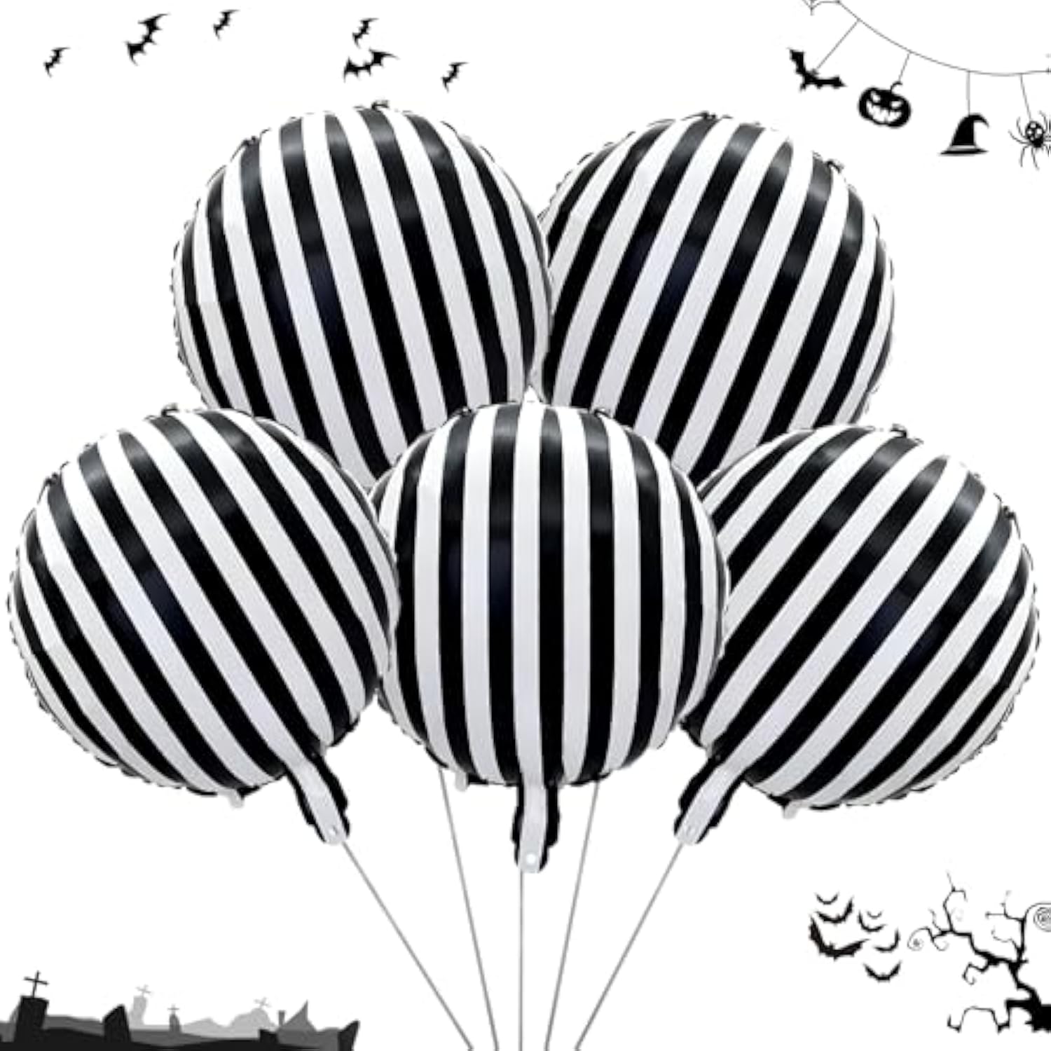Halloween Skull Foil Balloon Set: Black & White Striped Skeleton Decor
