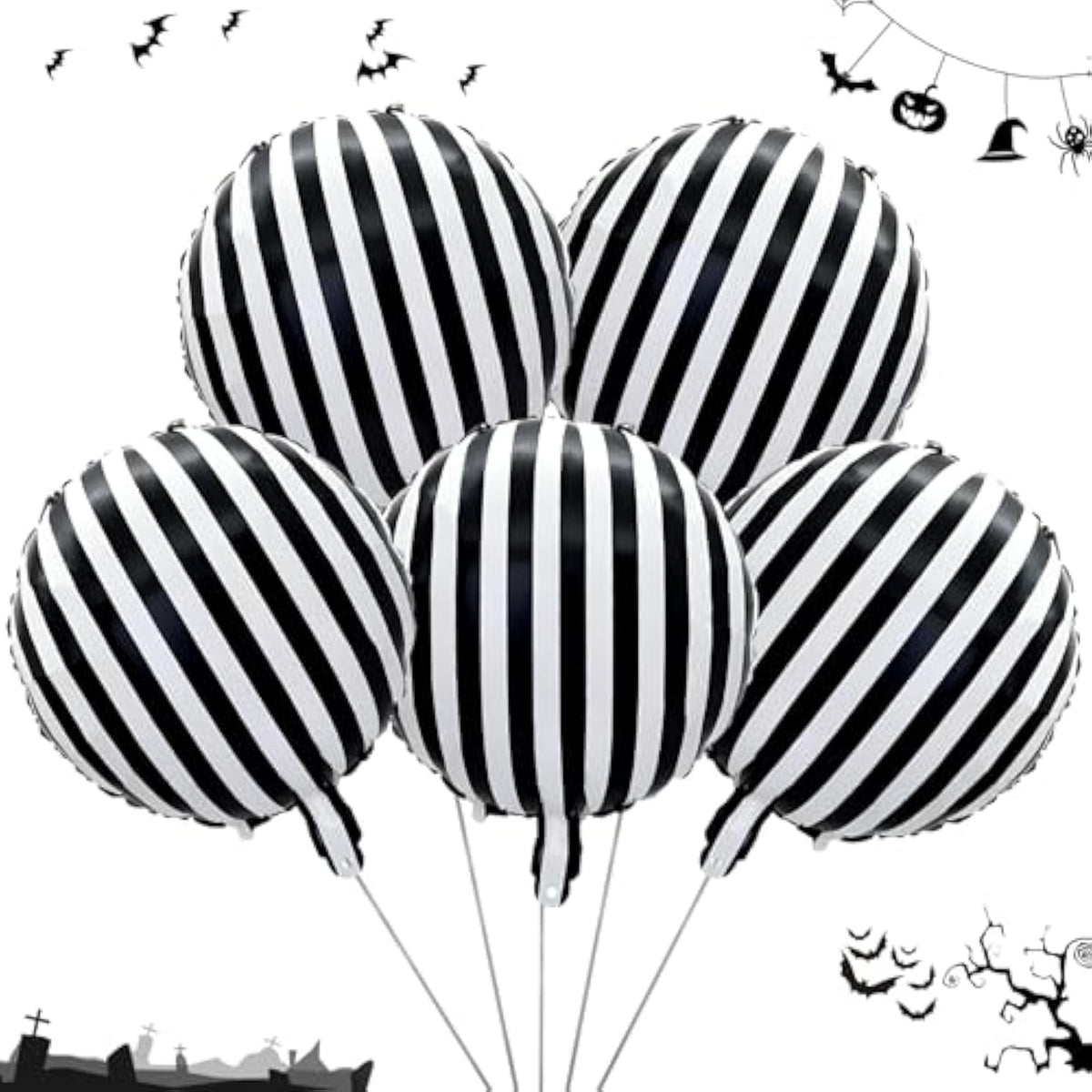 Halloween Skull Foil Balloon Set: Black & White Striped Skeleton Decor