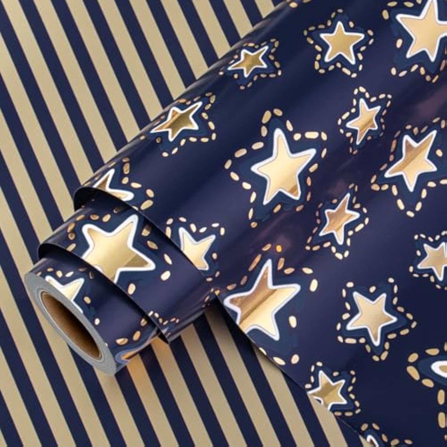 Reversible Gift Wrapping Paper Mini Roll, 17 Inches X 32.8 Feet Bright Colored Thick All Occasion Packing Paper For Birthday Wedding Holiday Party - Gold Stars/Dark Blue Sky/Stripes Design