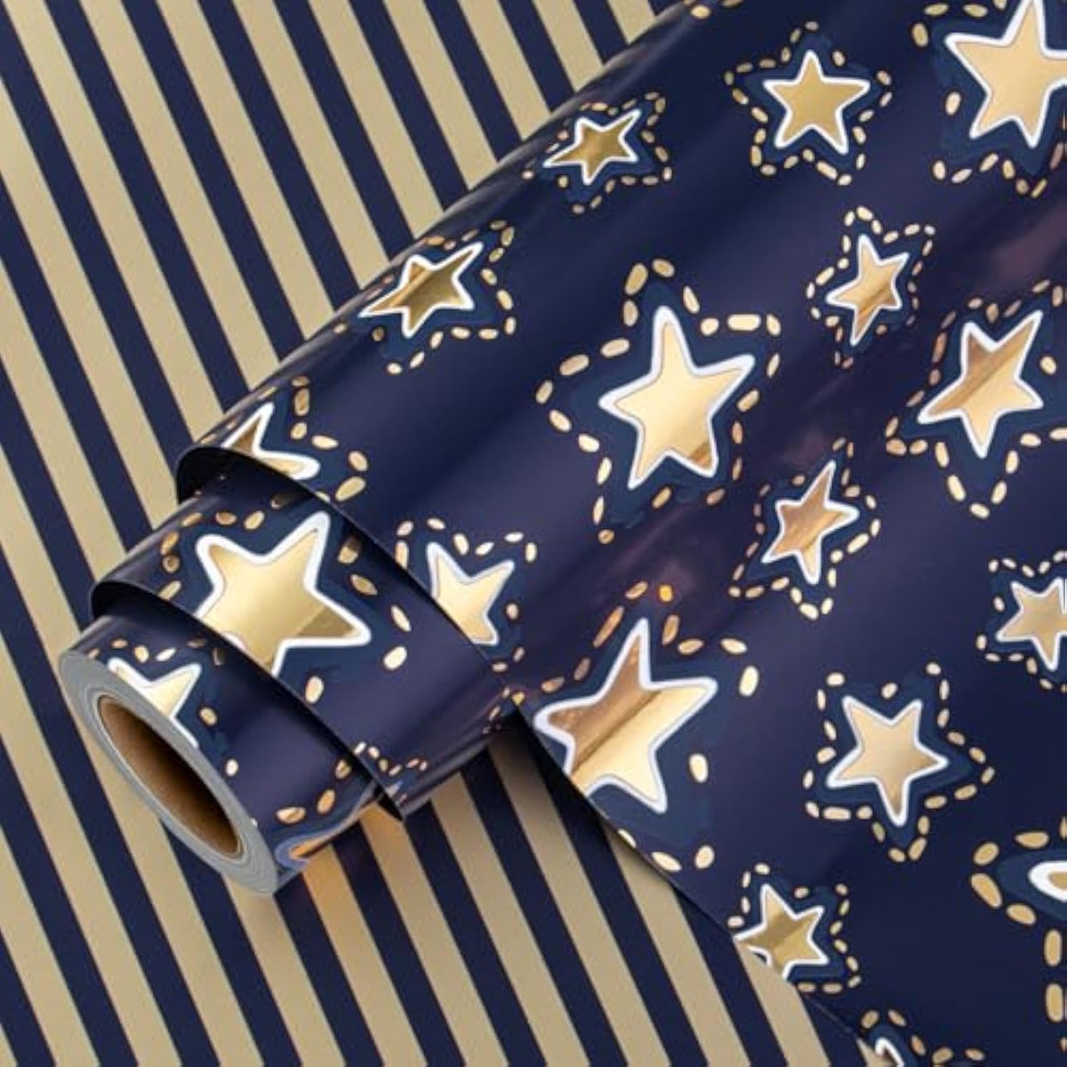 Reversible Gift Wrapping Paper Mini Roll, 17 Inches X 32.8 Feet Bright Colored Thick All Occasion Packing Paper For Birthday Wedding Holiday Party - Gold Stars/Dark Blue Sky/Stripes Design