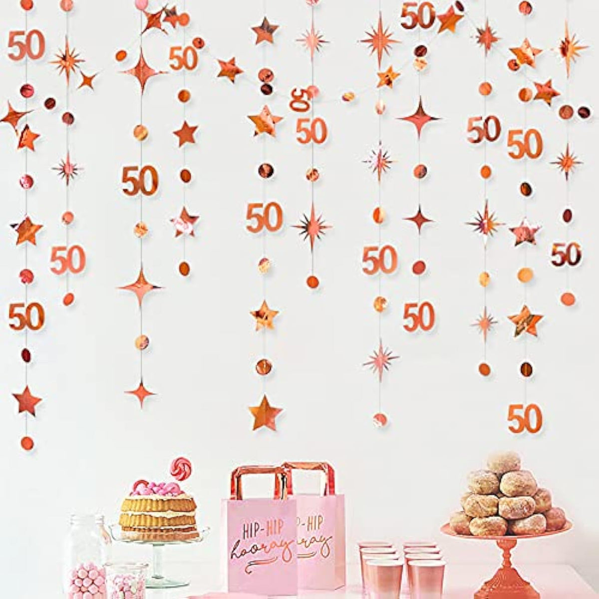 Rose Gold 50th Birthday Garland – Twinkle Stars & Number 50 Bunting for Anniversary