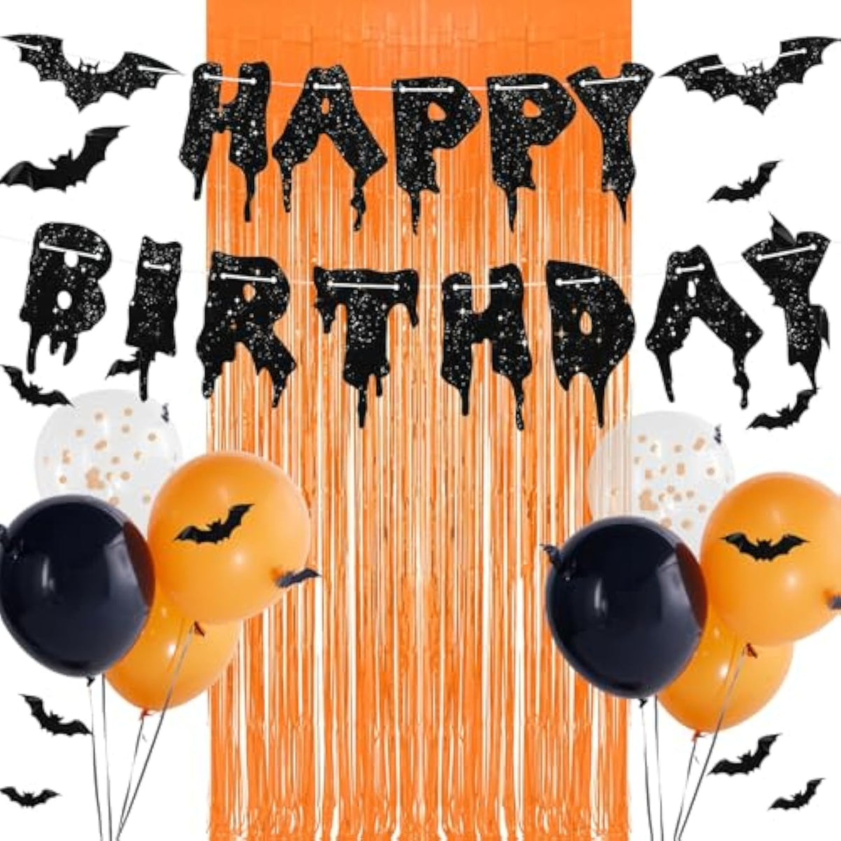 Halloween Birthday Party Decorations Glitter Banner Foil Curtain Black Orange Balloons Bat Stickers