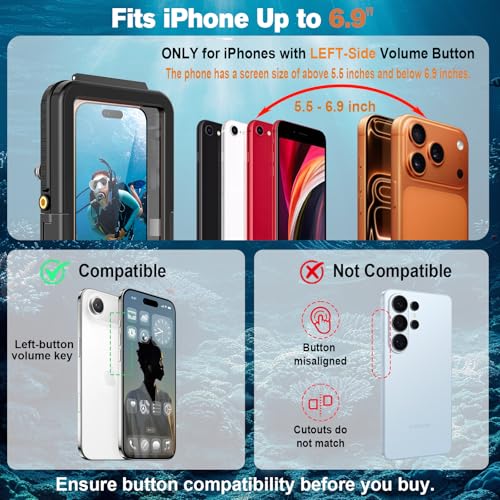 Underwater Diving Waterproof Case for iPhone 17 / 16 / 15 / 14 Series, Aluminum Alloy Phone Housing with Clear Lens, for Snorkeling, Scuba Diving &