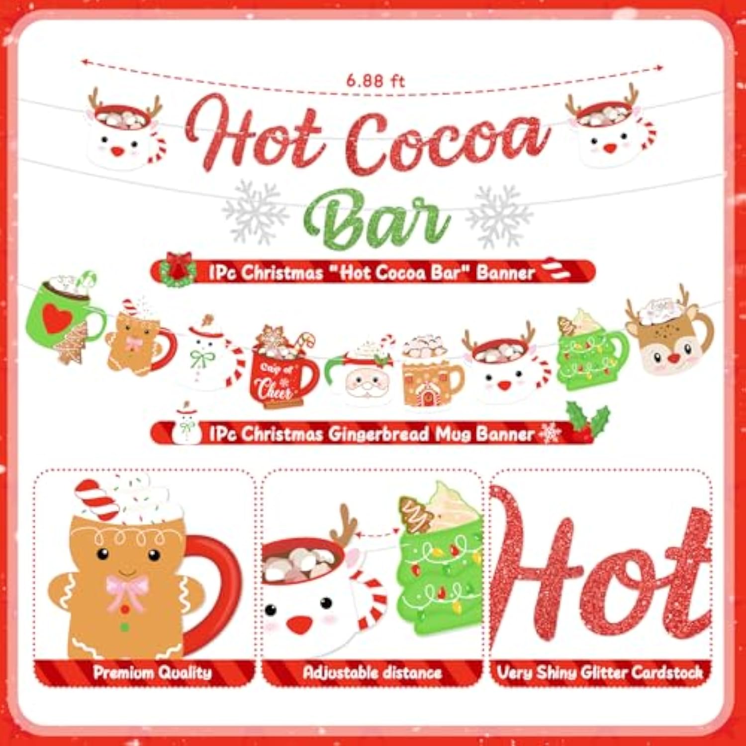 Christmas Hot Cocoa Bar Banner with Glitter Winter Snowman Decorations