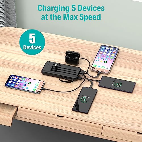 Portable Charger With Built In Cables,10000Mah Slim Usb C Power Bank,5 Output 3 Input Led Display High Speed External Battery Pack Travel Phone Charger For Iphone Samsung Pixel Lg Moto Ipad,Purple