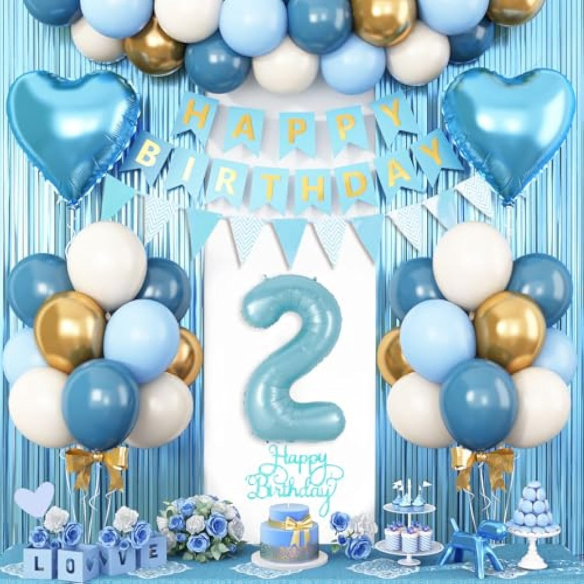2Nd Birthday Decorations Blue White Gold, 25Pcs Balloons, Banner, Fringe Curtain, Heart Foil Balloons, Cake Topper, Boys Girls 2 Year Old Birthday Decor