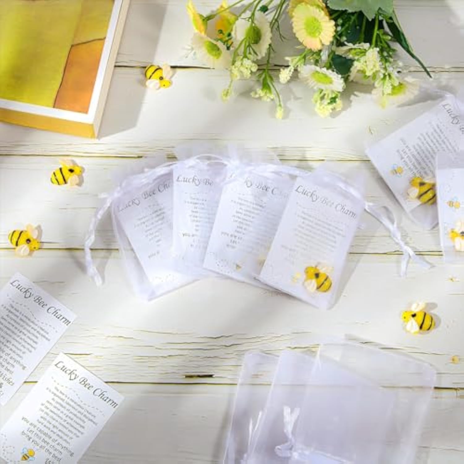 24 Sets Bee Good Luck Charm Gifts With Inspirational Story Cards And Organza Bags, Small Resin Bee Decor Pocket Favors For Teacher Appreciation Coworkers Employees Friends Holiday Party