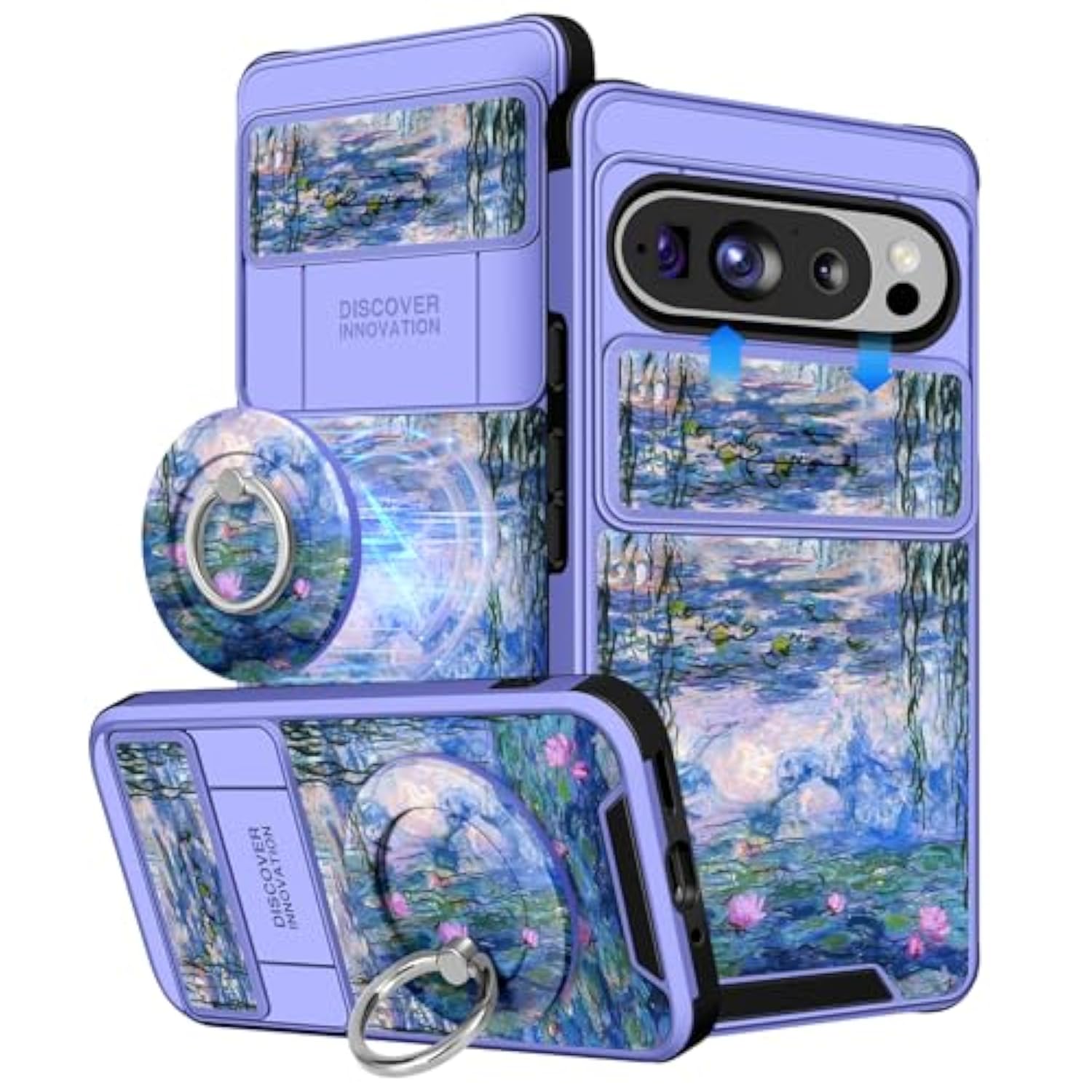 Cute Kawaii Blue Water Lily Case for Google Pixel 9 Pro XL with Ring Stand
