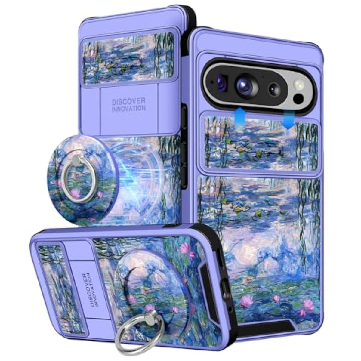 Cute Kawaii Blue Water Lily Case for Google Pixel 9 Pro XL with Ring Stand