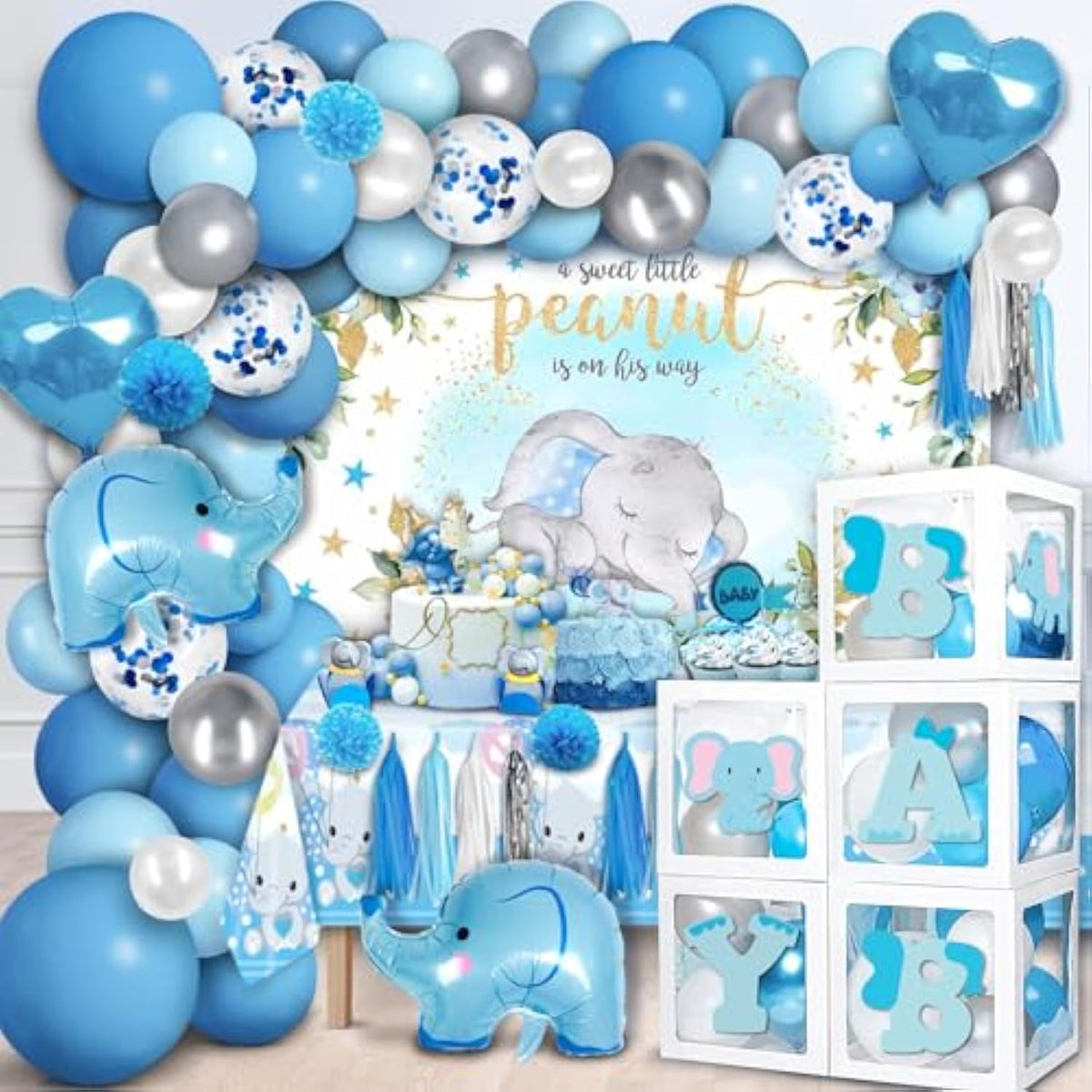94 Pcs Baby Shower Decorations For Boy, 5 Pcs White Balloon Boxes, 70 Pcs Latex Balloons, Blue Elephant Theme Baby Shower Decorations Gender Reveal Party Supplies