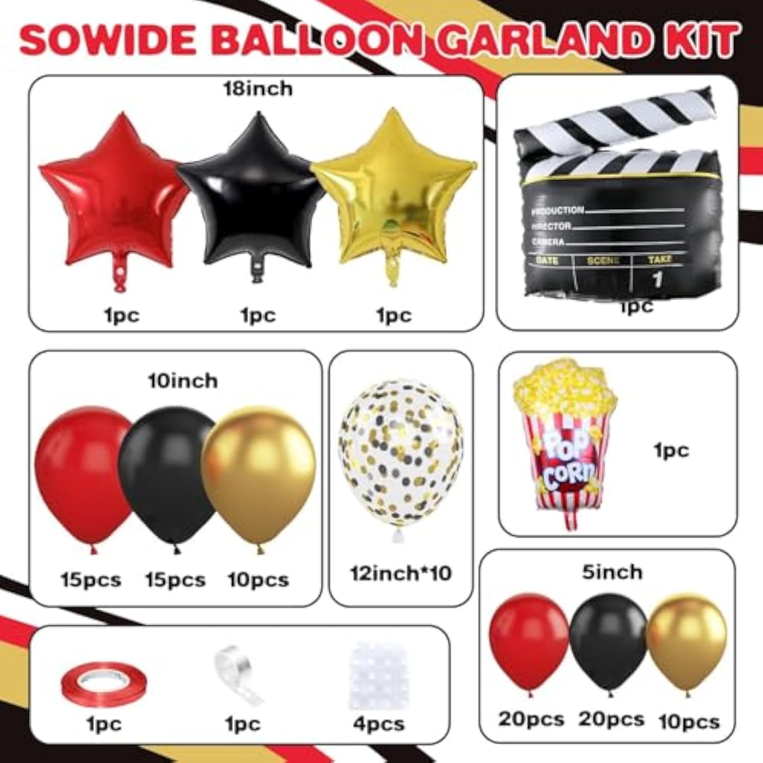 Movie Night Balloon Garland Arch Kit, Red Black Gold Balloons With Camera Star Foil Popcorn Flim Clapperboard Balloons For Birthdays Anniversaries Movie Theater Film Party Decorations