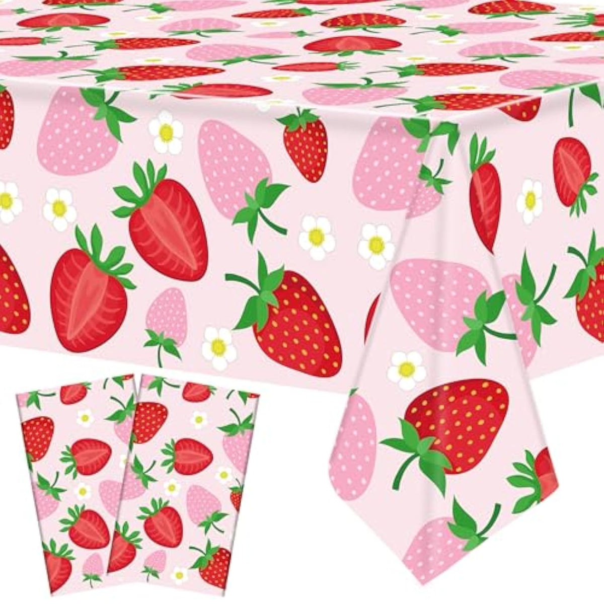2 Pcs Strawberry Party Tablecloth Disposable Strawberry Tablecloth Plastic Strawberry Theme Table Cover For Birthday Party Baby Shower Strawberry Theme Party Supplies, 54" X 108"
