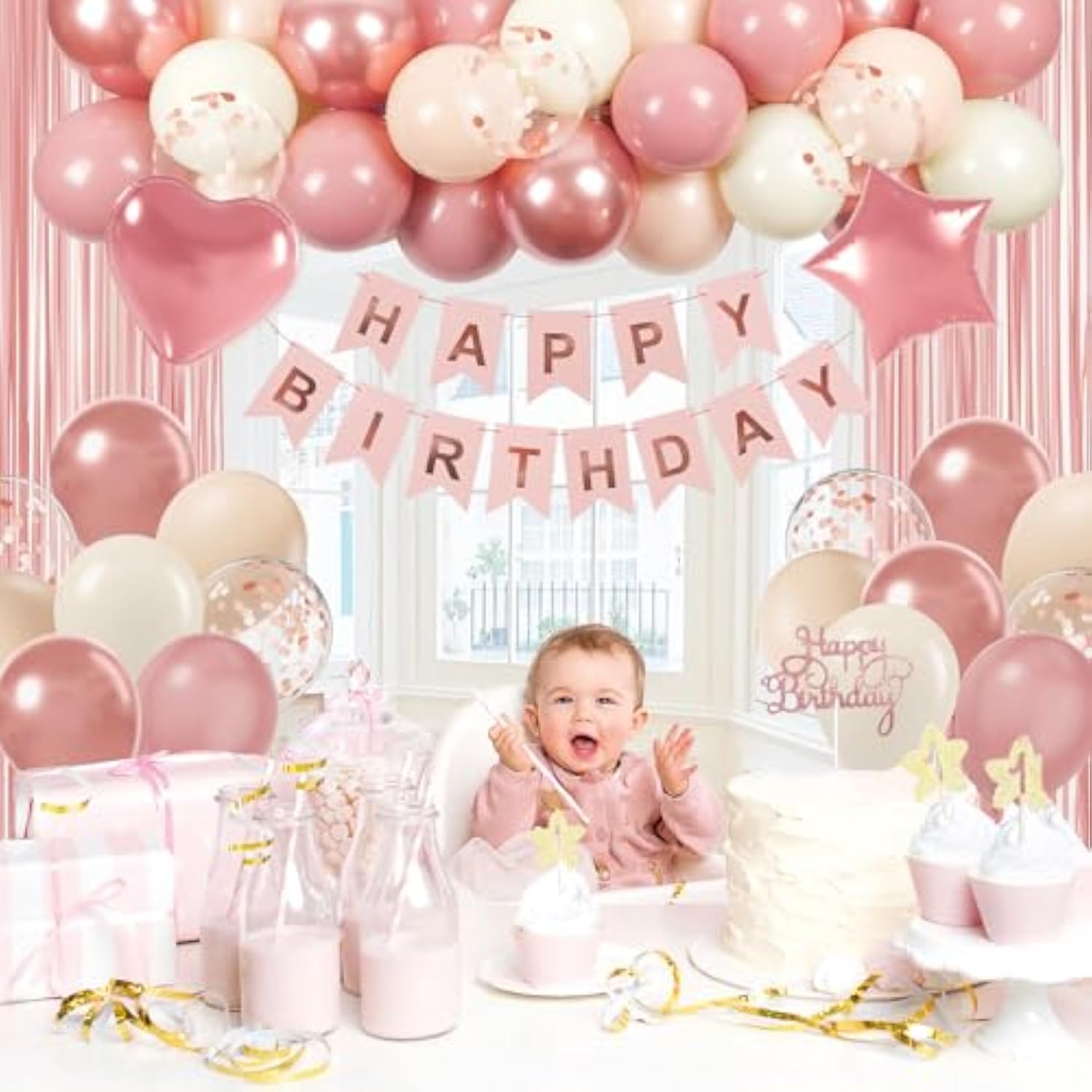 Metallic Rose Gold Dusty Pink Balloons, Happy Birthday Banner, Pink Fringe Curtains For Women'S Birthday Decorations
