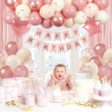 Metallic Rose Gold Dusty Pink Balloons, Happy Birthday Banner, Pink Fringe Curtains For Women'S Birthday Decorations