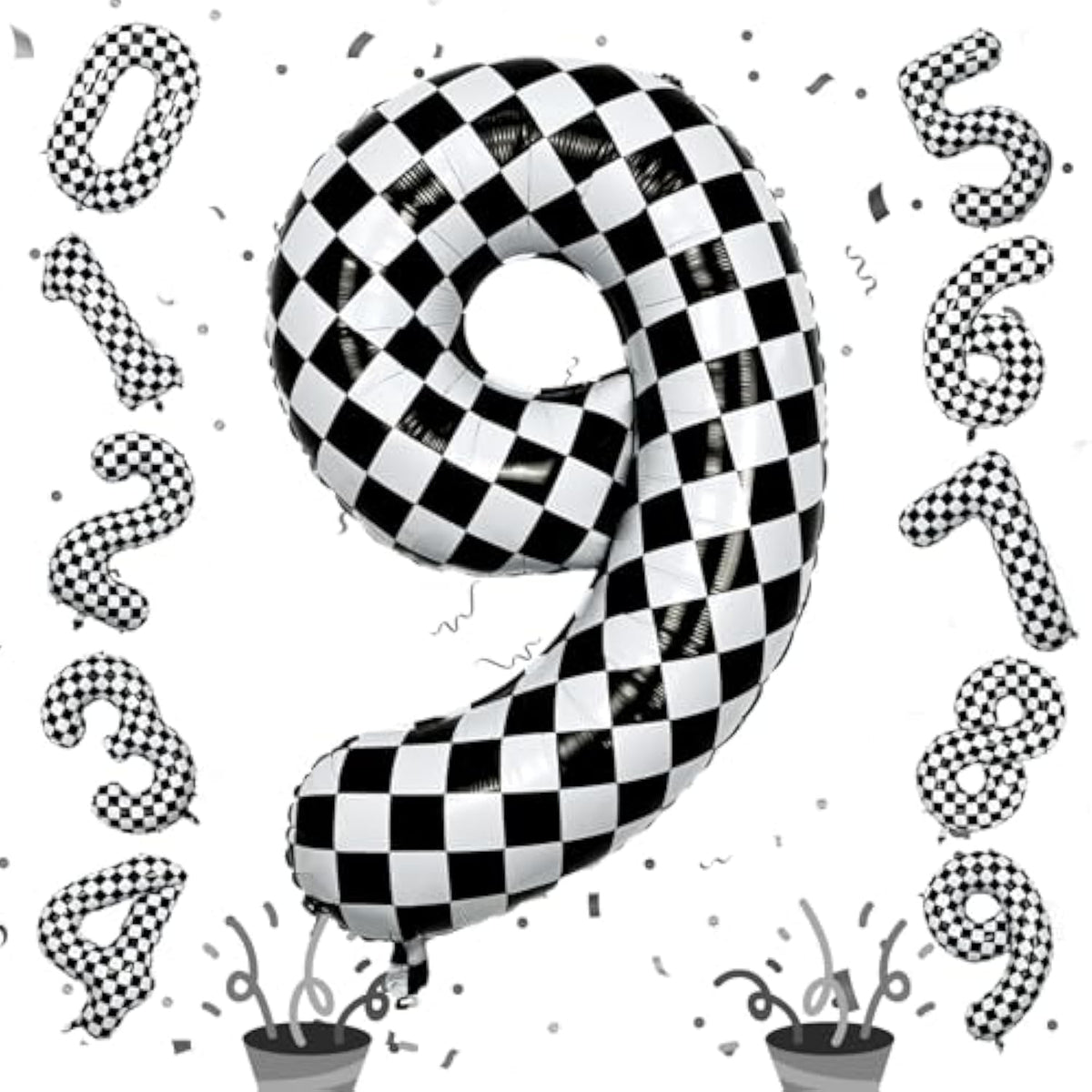 40-Inch Checkered Number 9 Balloon Large Racing Flag Decor for 9th Birthdays