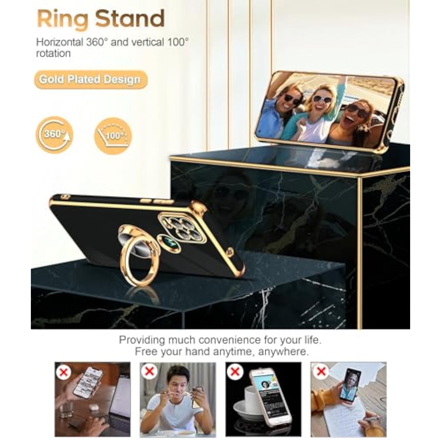 For Moto G Stylus 5G 2021 Case: With Tempered Glass Screen Protector [2 Pack] 360° Rotatable Ring Holder Magnetic Kickstand, Plating Rose Gold Edge Motorola G Stylus 5G 2021 Case, Black