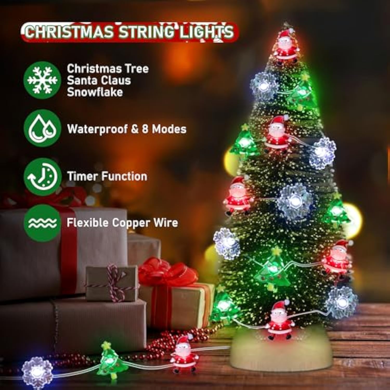 [Timer] Christmas Lights Decorations, 10 Ft 30 Led Battery Operated Christmas Tree Santa Snowflake String Lights, 8 Ligh