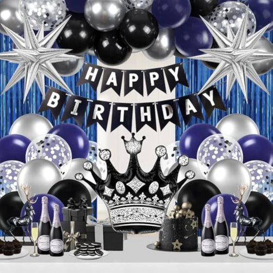 Metallic Silver & Navy Blue Balloons, Happy Birthday Banner & Blue Fringe Curtains For Men'S 21St, 25Th, 30Th, 40Th, 50Th & 60Th Birthdays