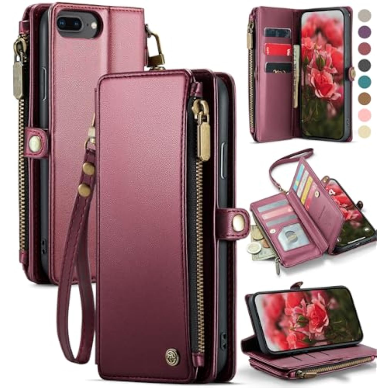 Compatible With Iphone 8 Plus/ 7 Plus Case Wallet With Rfid Blocking Card Holder For Women Men Pu Leather Magnetic Snap Flip Zipper Strap Wallet Phone Cover, Wine Red