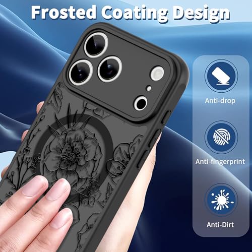 Magnetic Case for iPhone 17 Pro (6.3") with Screen Protector, Cute Floral Design for Women & Girls, [MagSafe Compatible] Slim Translucent Matte Black