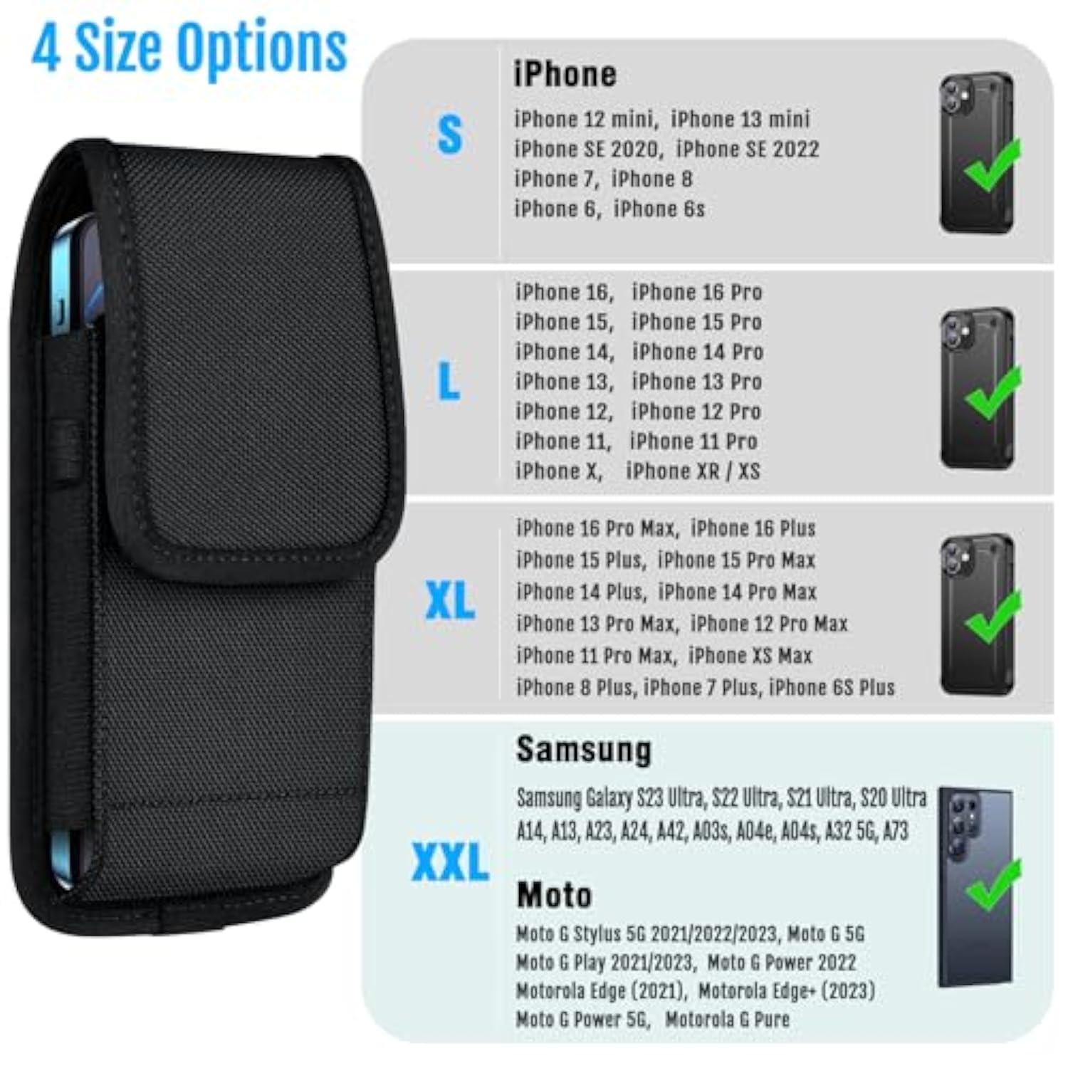 Cell Phone Pouch Nylon Belt Holster Case Compatible With Iphone 16/15/14/13/12/11 Pro Max & Plus Models, Samsung Galaxy S24/S23/S21 Fe, Black–Xl