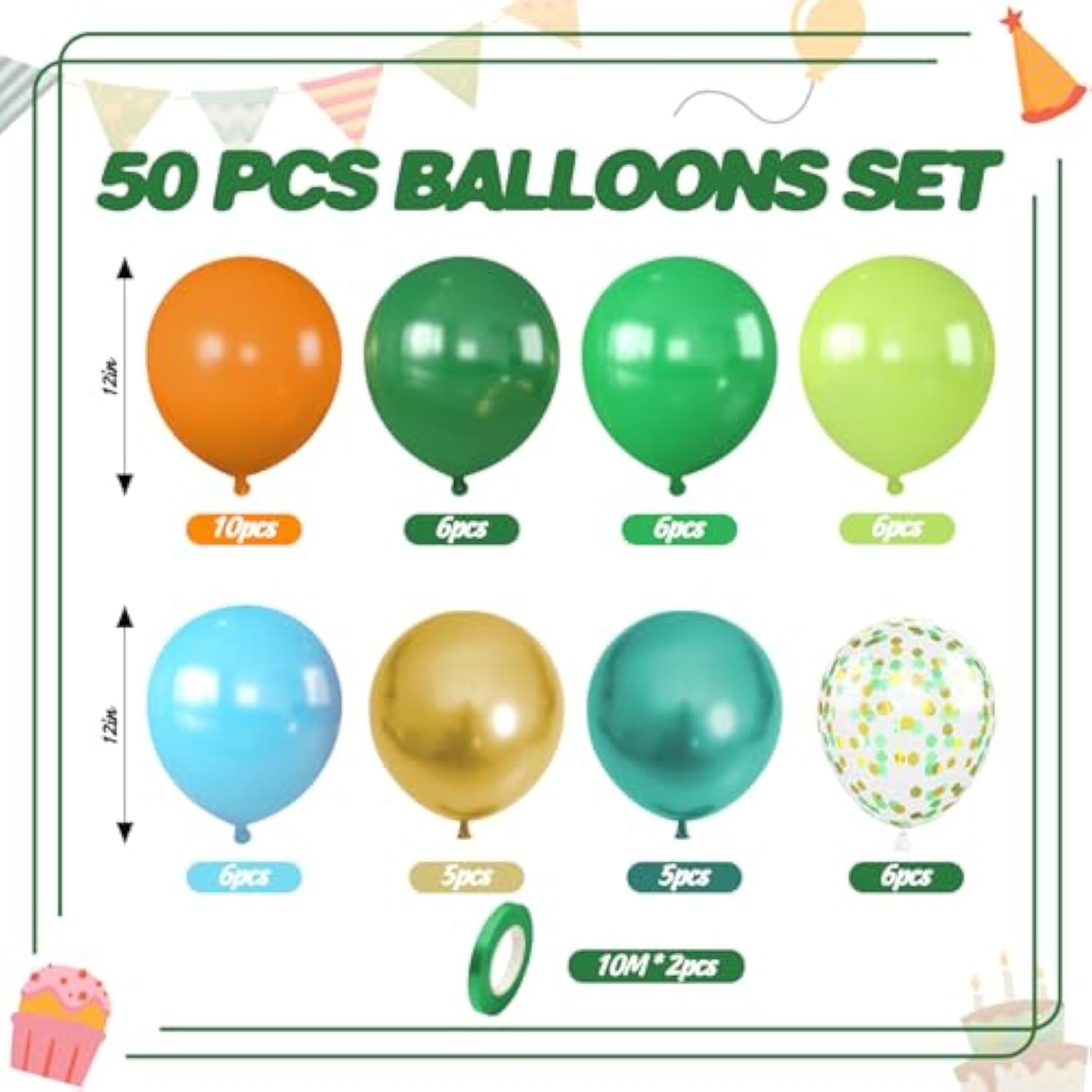 Dinosaur Balloons, 12 Inch Dark Green Teal And Orange Balloons, Metallic Gold Fruit Green Gold Confetti Balloon With Ribbons For Boys Baby Shower Jungle Safari Birthday Party Decorations