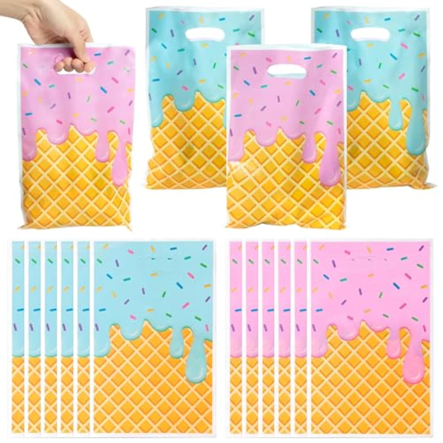 Ice Cream Party Favor Bags - 50Pcs Plastic Sweet Candy Goodie Treat Gift Bag With Handles Cute Summer Ice Cream Theme Birthday Party Supplies Baby Shower Wedding Decor