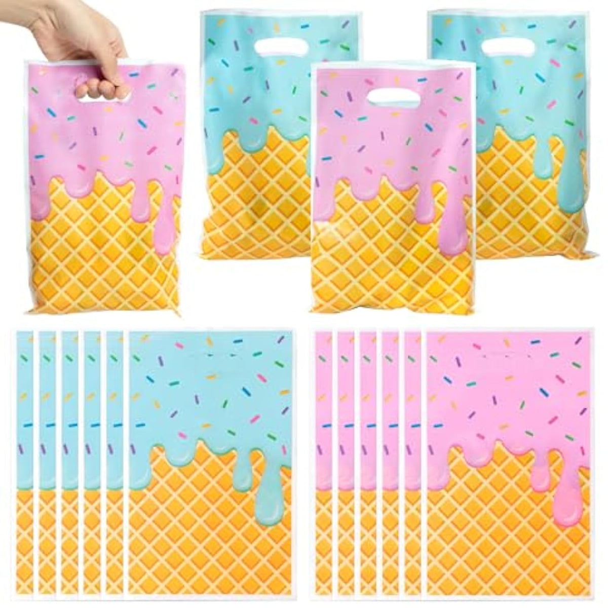 Ice Cream Party Favor Bags - 50Pcs Plastic Sweet Candy Goodie Treat Gift Bag With Handles Cute Summer Ice Cream Theme Birthday Party Supplies Baby Shower Wedding Decor