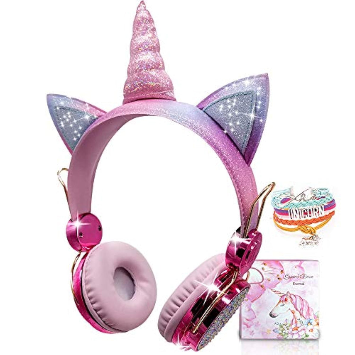 Kids Unicorn Headphones For Girls Wireless Bluetooth Headset With Mic, Adjustable Headband, Over Ear For Smartphones/School/Kindle/Tablet/Pc (Pink)