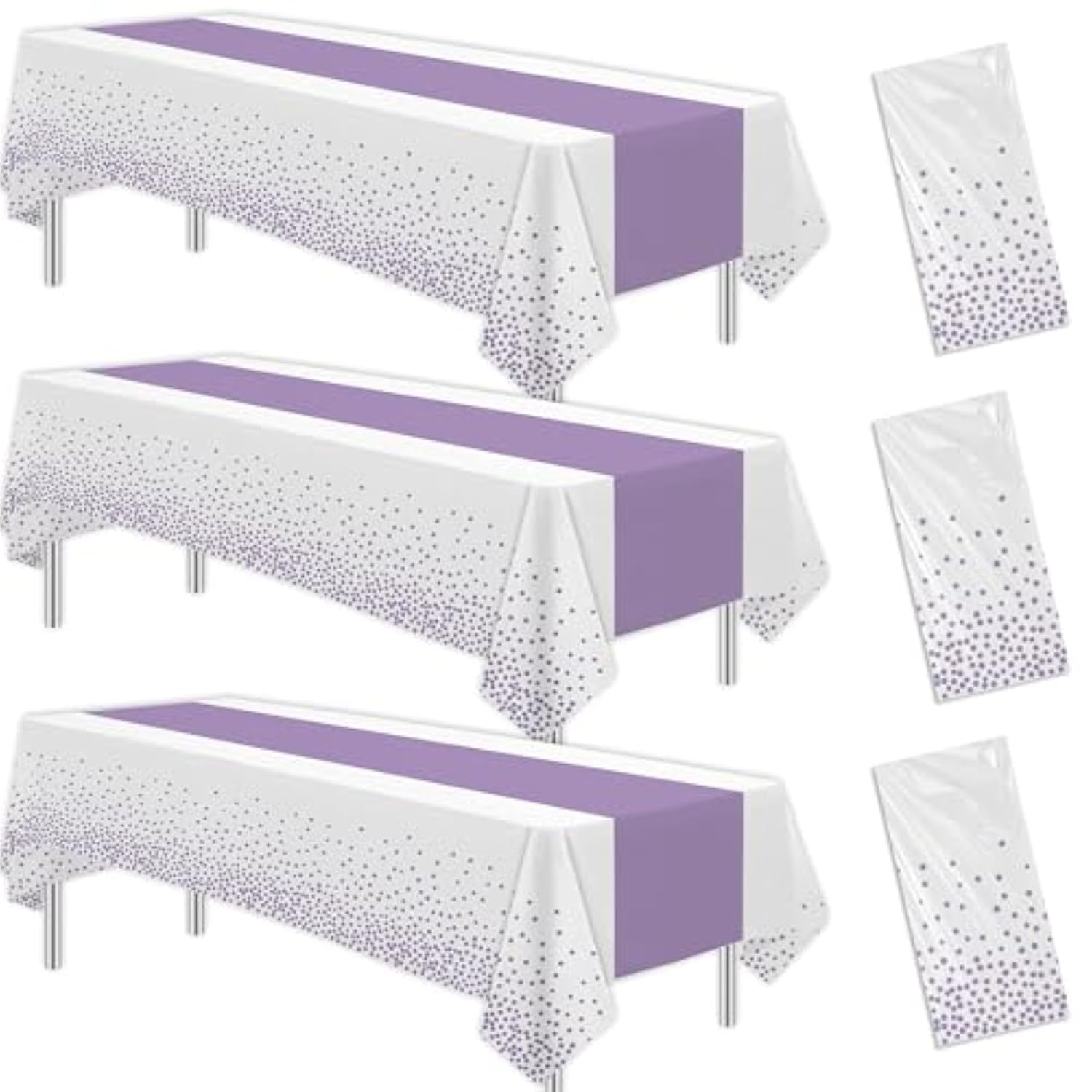 White And Purple Party Decorations Tablecloth, 3 Pack Disposable Purple Dot Table Cover Printed Table Runner For Birthday Baby Bridal Shower Wedding Anniversary Graduation, 86In X 55In