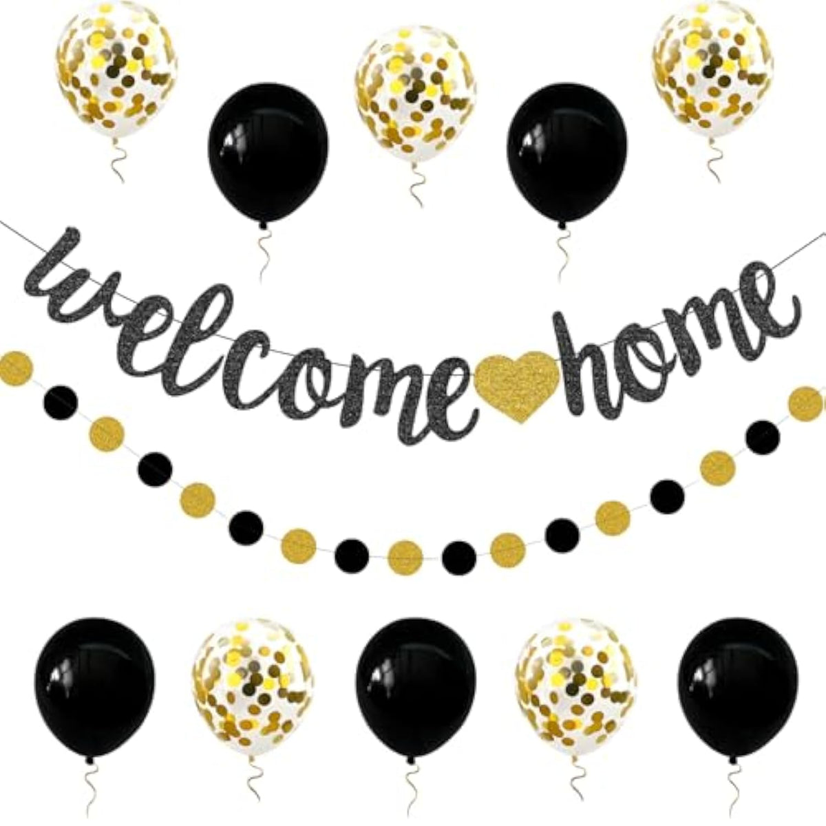 Welcome Home Decorations Glitter Welcome Home Banners Balloons Set Party Pennant Bunting Garland For New Home Family Birthday Christmas Wedding Boy Girl Baby Shower Hanging String Flag Black Golden