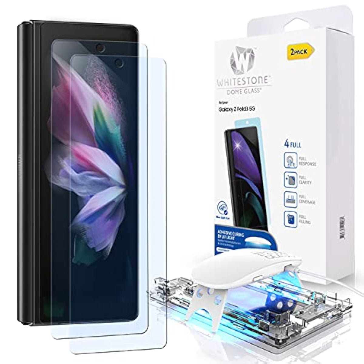 Whitestone Screen Protector For Galaxy Z Fold 3 2021 Full Tempered Glass Shield With Liquid Dispersion Tech With Uv Lamp [Easy To Install Kit] - 2 Pack
