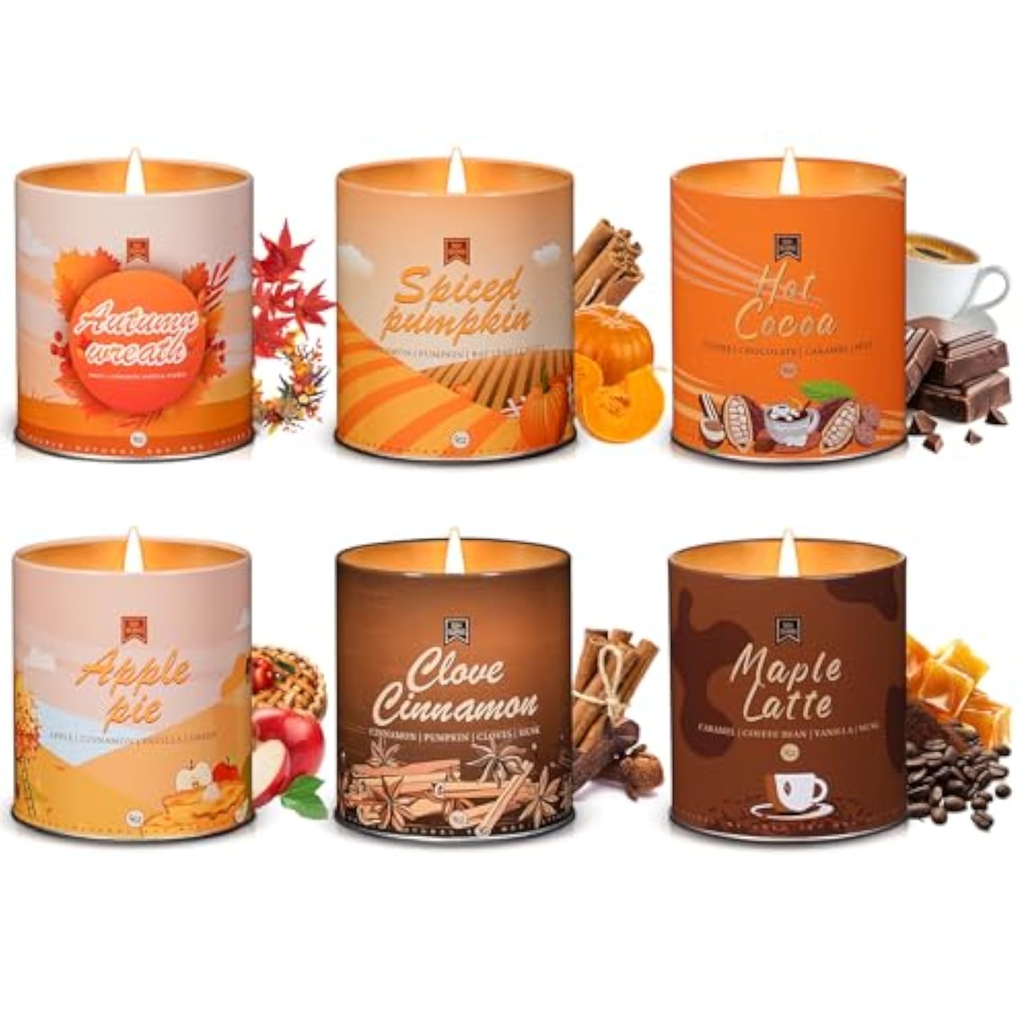 54Oz Winter Fall Scented Candles Set, 6Pack Soy Wax Candles House Warming Halloween Christmas Gifts, 9Oz Halloween Chirstmas Candles For Women Men Apple Pie/Cinnamon/Pumpkin/Vinilla/Hot Cocoa Candle