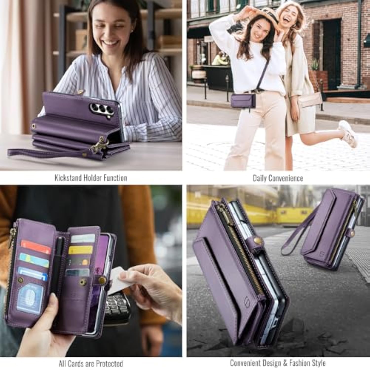 Wallet Case Compatible With Samsung Galaxy Z Fold 7 With Rfid Blocking Card Holder Slot Soft Pu Leather Shoulder Strap Zipper Pocket Purse Galaxy Z Fold7 Phone Case, Purple