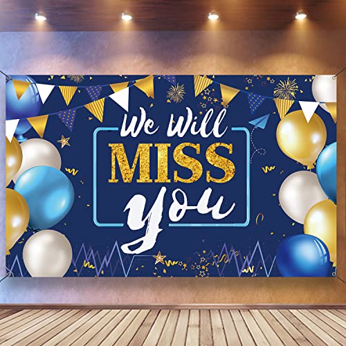 We Will Miss You Decorations Banner Backdrop, Blue Gold, Polyester, Going Away Party Decorations, Office Farewell, Graduation Parties, 6.1ft x 3.6ft with Backdrop and Ribbon