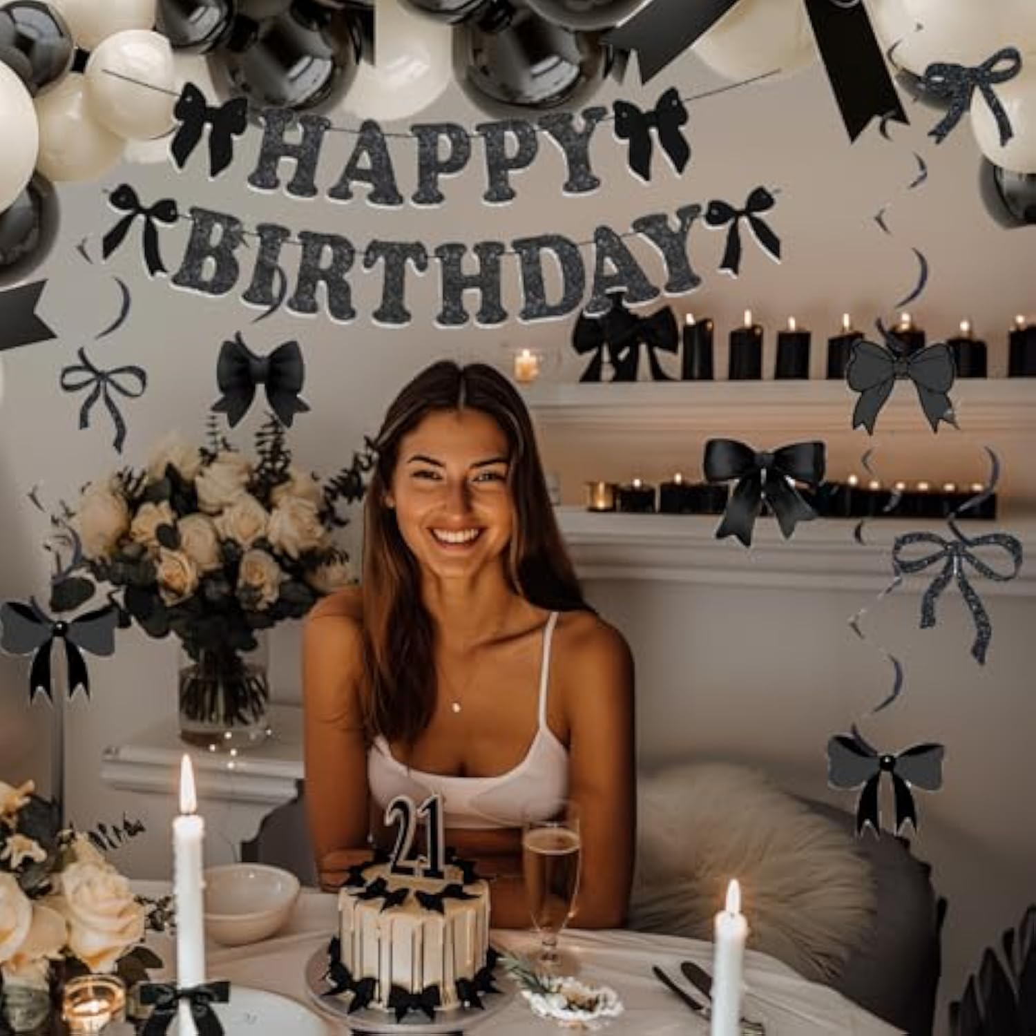 Black Bow Birthday Party Decorations Black And White Balloons Whit Bow Happy Birthday Banner Bow Haning Swirls Bow Cake And Cupcake Toppers For Girls Baby Shower Coquette Birthday Party Decorations