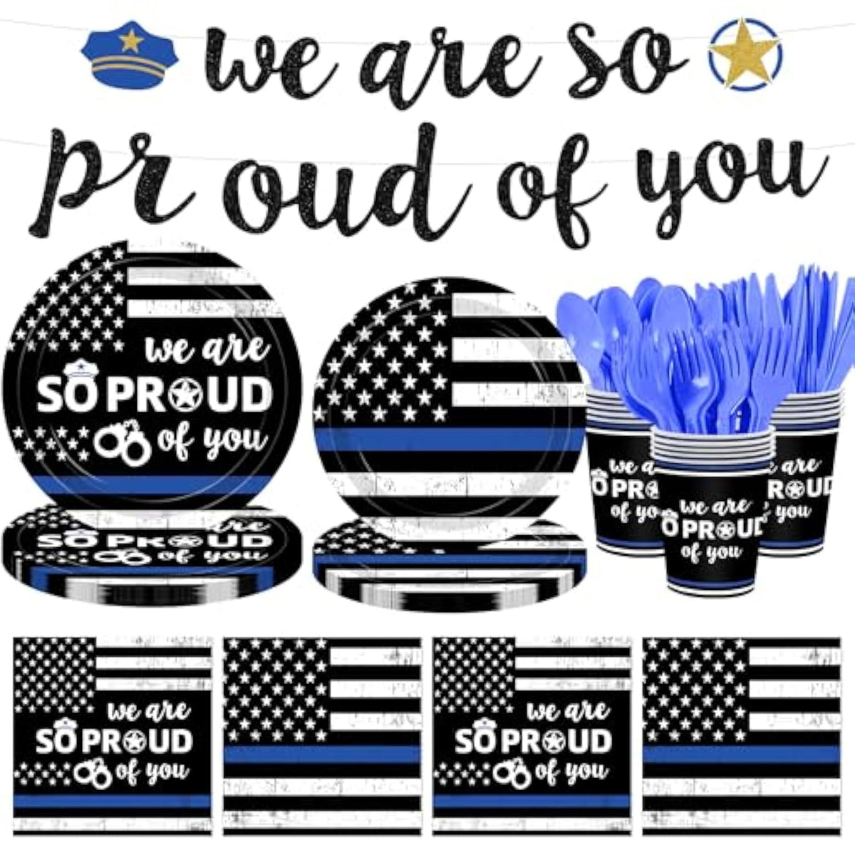142Pcs Police Academy Graduate Party Supplies We Are So Proud Of You Police Theme Plates And Napkins Congrats Officer Party Decorations For Police Retirement Grad Graduation Promotion Party Serves 24