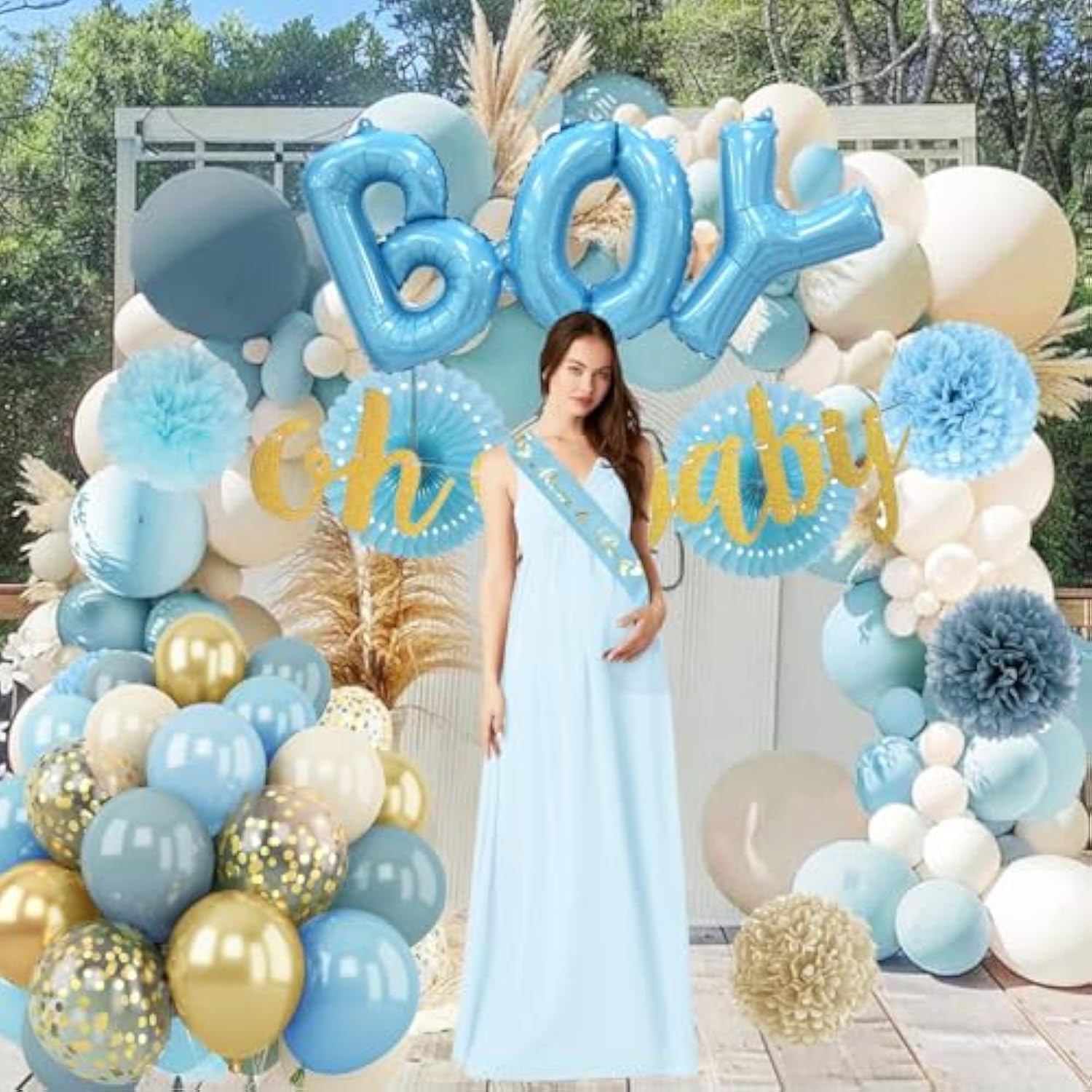 Baby Boy Shower Decorations - Dusty Blue Baby Shower Decorations - Welcome Baby Boy Decoration With Blue Balloons, Paper Pom Poms,Mom To Be Sash For Boys Baby Shower Decor Gender Reveal Party