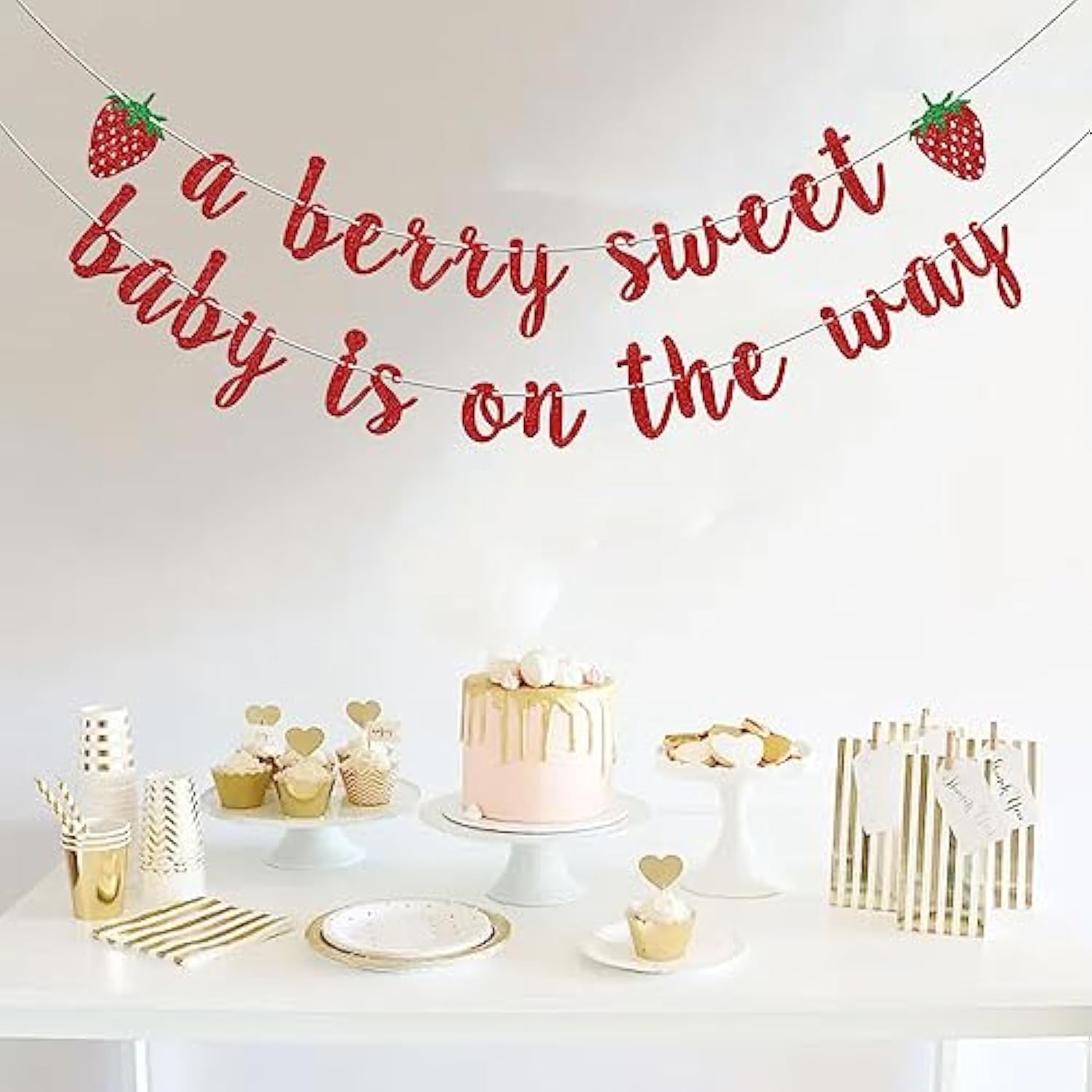 Berry Sweet Baby Shower Banner – Strawberry Theme Glitter Décor for Girl’s Party or First Birthday