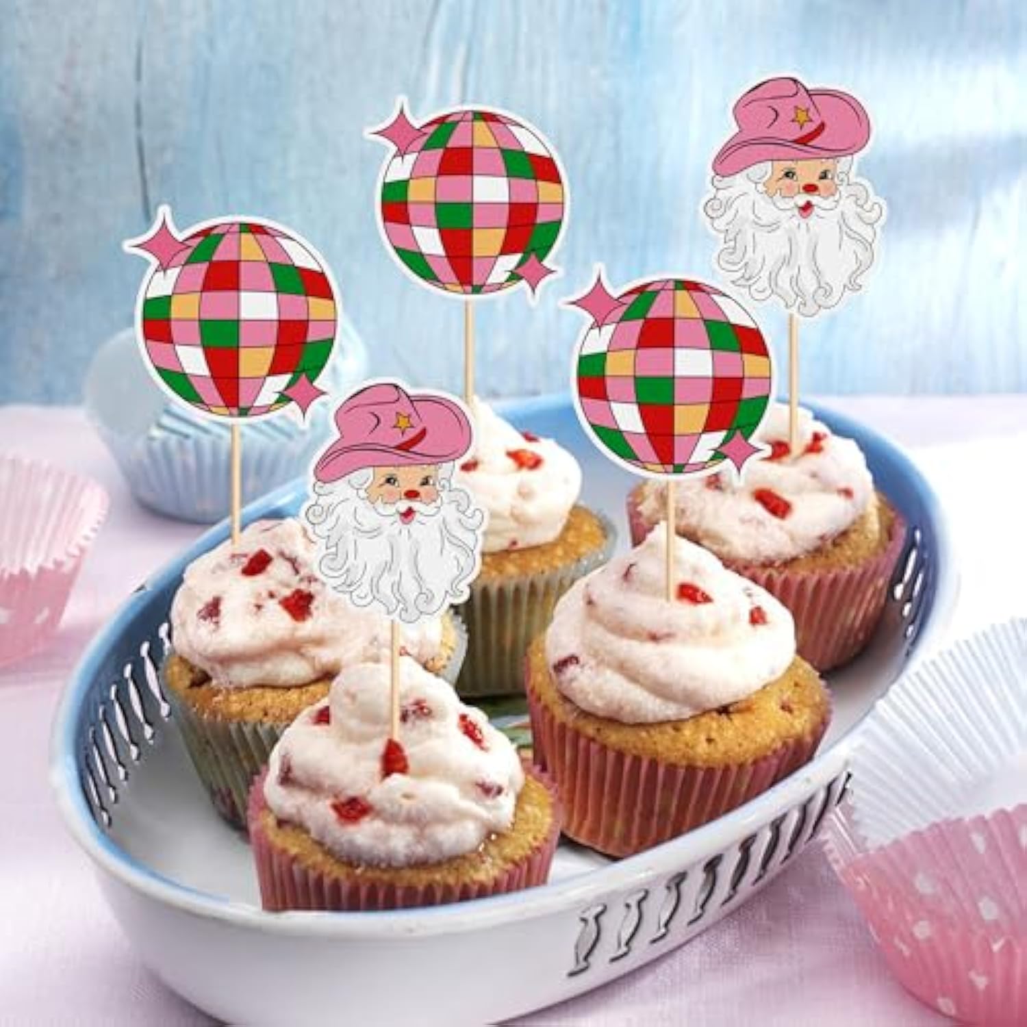24 Pcs Merry Christmas Cupcake Toppers - Happy Holiday Cake Picks - Santa Claus, Pink Disco Ball For Xmas, New Year, Baby Shower, Kids Birthday Party Supplies