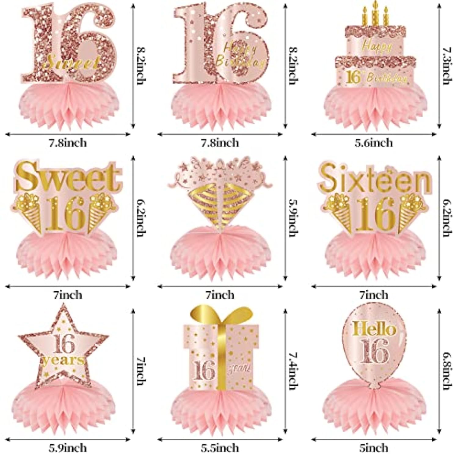 Pink Rose Gold Sweet 16 Honeycomb Table Toppers, 9pcs